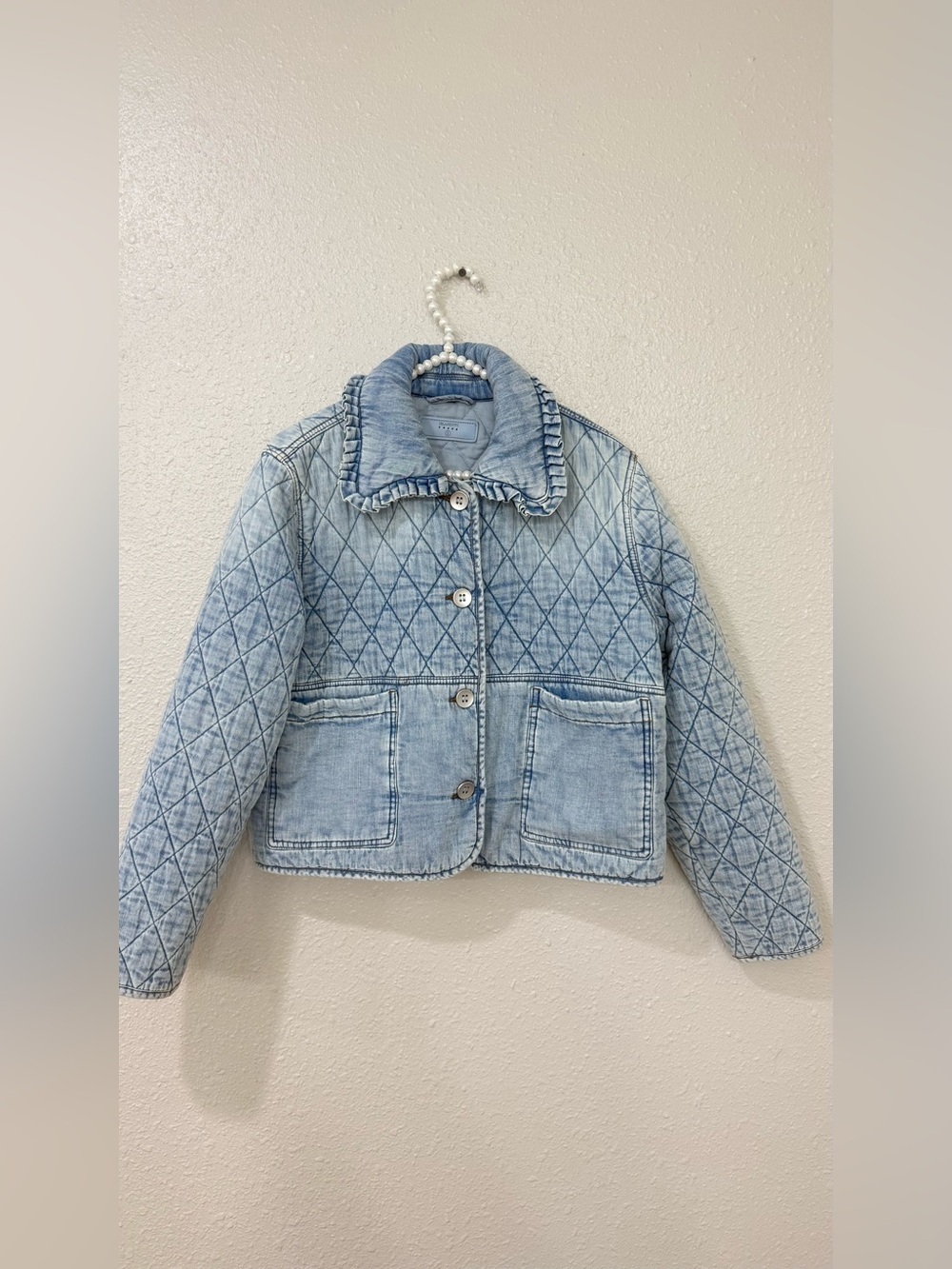 BLANKNYC Quilted Denim Jacket Women’s S Light Wash Ruffle Collar Cotton Puffer - Picture 2 of 10